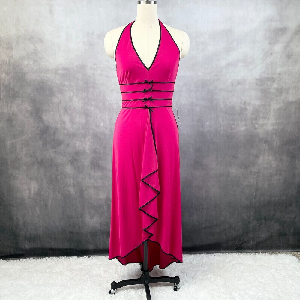Vtg Y2K Dusk Halter Dress Women 9/10 Pink Siren Vixen Vamp Glam Ruffle Bow Retro